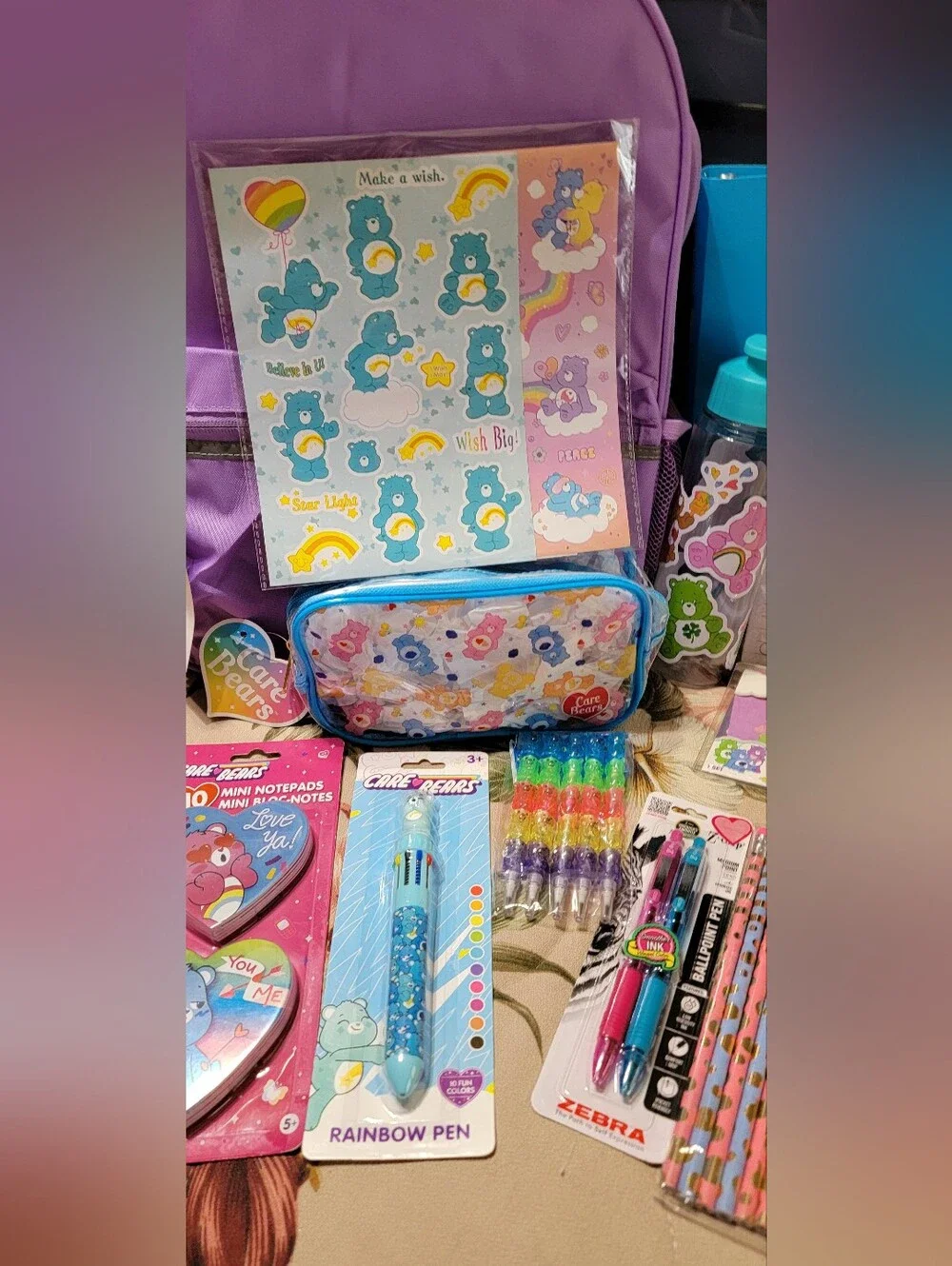 820-Care Bears Purple Backpack with  Matching Pencil Case and Accessories